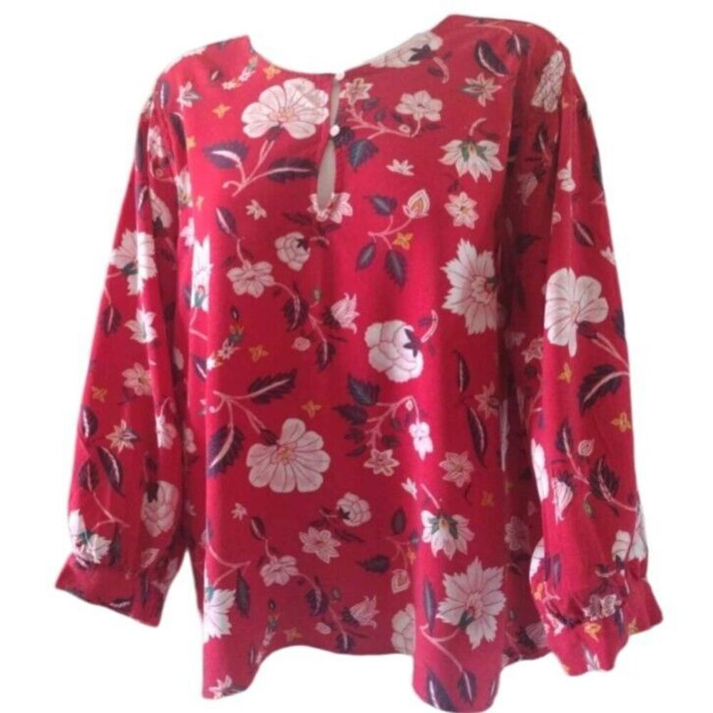 Old Navy Blouse Women XXL Red Pink Floral 3/4 Sleeves Keyhole Long Sleeves Booho
